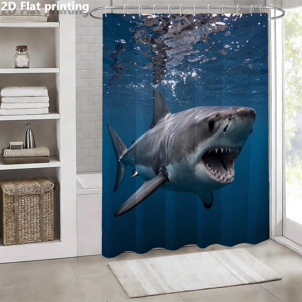 Tenda da Doccia Sottomarina Realistica Squalo Bianco Impermeabile Facile da Pulire Protezione della Privacy Design Artistico Animale Marino Moderno