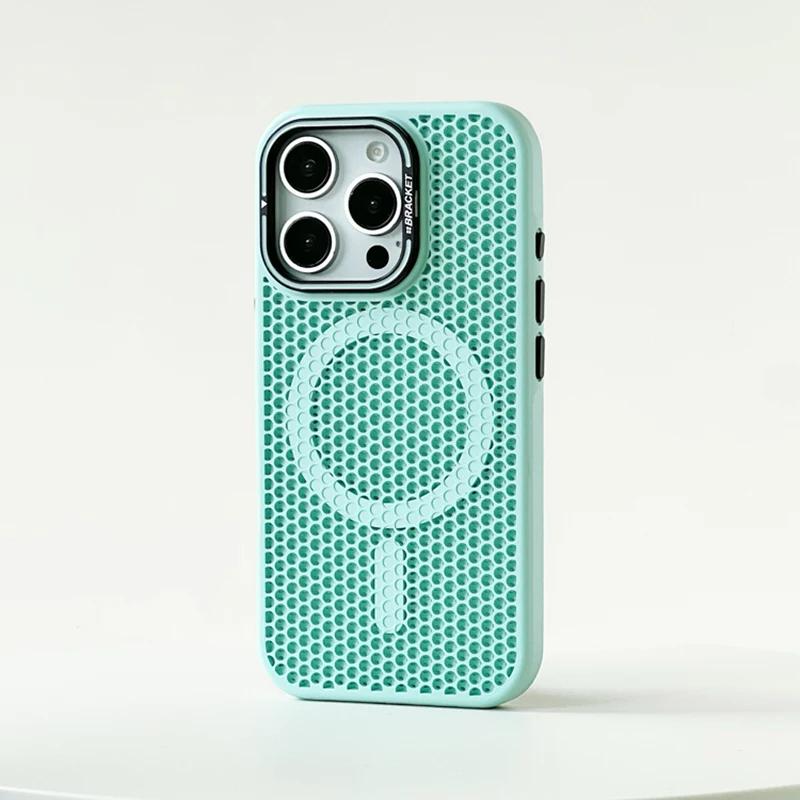 

Honeycomb Grid Mesh Cooling for Magsafe Case for 16 17 Pro Max 15 14 13 12 11 Alloy Lens Bracket Wireless Charging Cover For iPhone 17 ProMax зелений