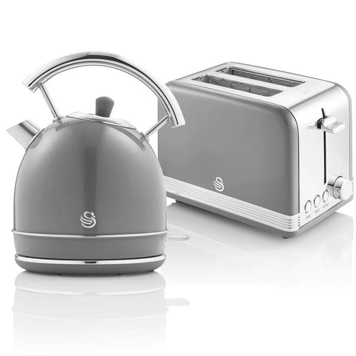 Retro Set Petit-Déjeuner Bouilloire 1,8L Sans Fil, Grille-Pain 2 Larges Tranches SWAN STP7050GRNEU 850W Gris 57980