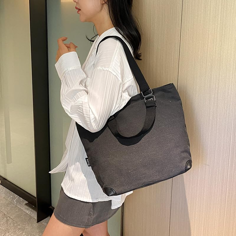 Fuji-cellar Soft and Durable 2-Way Canvas Tote Bag with Wide Gusset and Zipper, Lightweight and Casual Design for School or Laptop Use (Black)