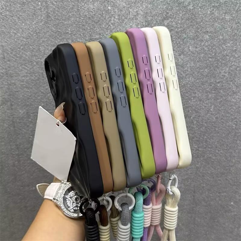 Luxury Matte Wrinkle Matte Wrist Strap Case for iPhone 17 Air 16 15 14 13 12 11 17 Pro Max Candy Ripple Soft Lanyard Cover Funda