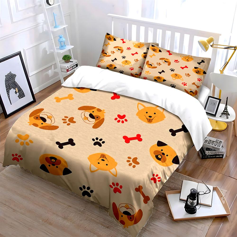 Cute Dog Faces and Paw Prints Bedding Duvet Cover Set Duvet Cover Pillowcases (1*Duvet Cover 2*Pillowcases, without duvet insert)