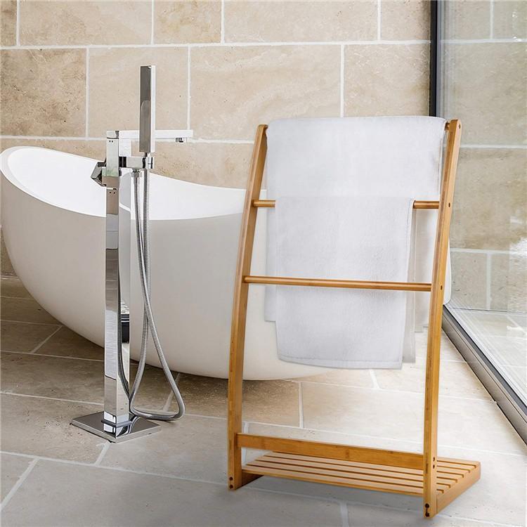 3-Tier Bamboo Towel Rack Freestanding Bathroom Floor Drying Rack Stable Multifunctional Storage Organizer for Home Bedroom