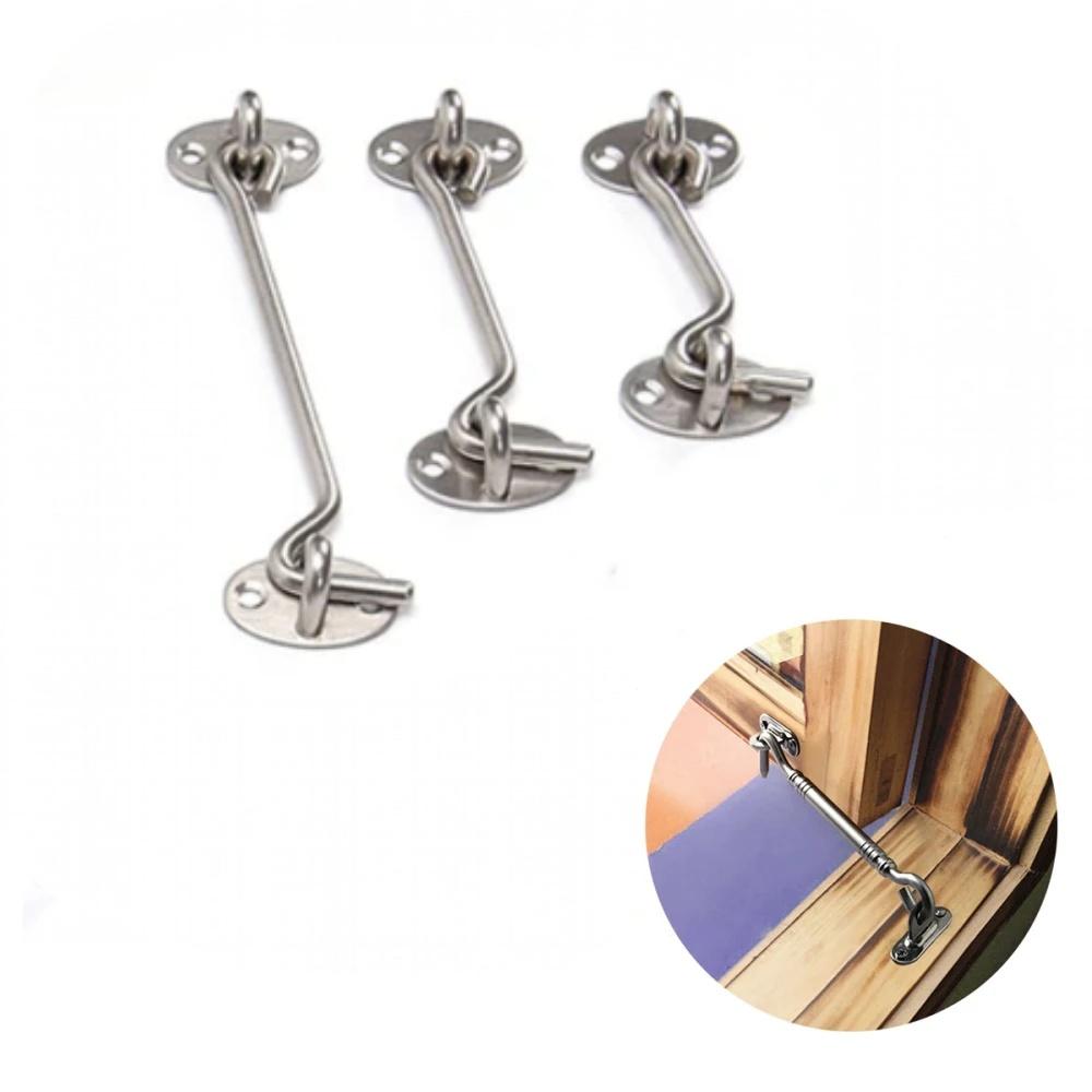 1Set Cabin Hook With 4 Screws Stainless Steel Windproof Window Hook Silver Household Hardware Accessories Easy Locks Gate