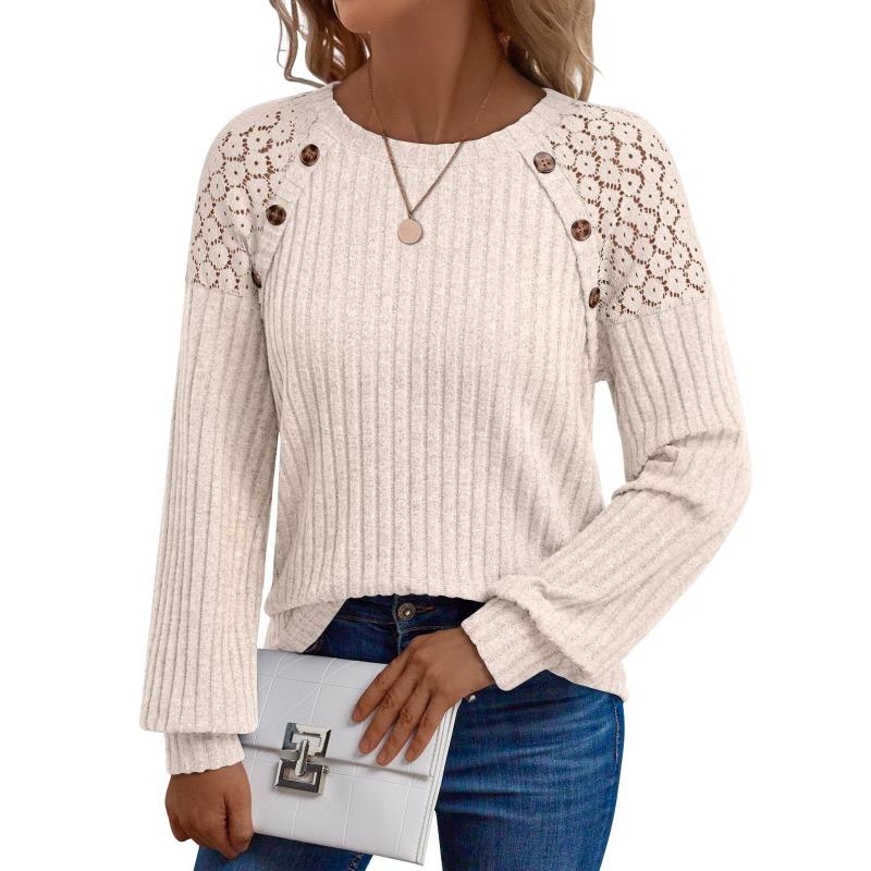 Women's Round Neck Solid Color Hollow Button Long Sleeved Casual Patchwork Top