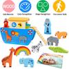 KMTJT Toddlers Wooden Noah's Ark Toy Animal Playset, Baptism Gifts for 1 2 3 Boys Girls, Shape Sorter Early Learning Montessori Toys with Bible Story