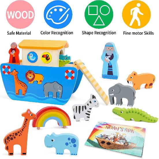 KMTJT Toddlers Wooden Noah s Ark Toy Animal Playset, Baptism Gifts for 1 2 3 Boys Girls, Shape Sorter Early Learning Montessori Toys with Bible Story