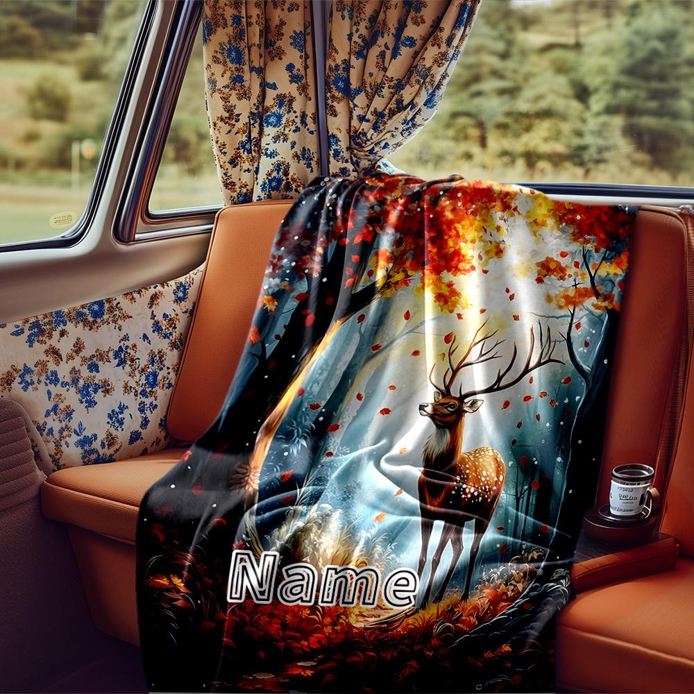 Autumn Forest Deer In Falling Leaves Landscape Blanketcustomizable With Your Namecomfortable And Stylish Perfect For Travel Beds Chairs Offices Sofas