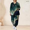 Women Plus Size V Neck Long Sleeve Printed Pocket Turquoise Scrub Set Two Piece Nursing Uniform
