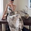 Spring/Summer V-Neck Off-Shoulder Chinese Ink Print Dress - Slim Fit, Backless, Hip-Hugging Long Dress