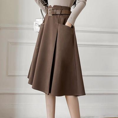 Simplicity Office Lady Autumn New Women's Elastic High Waist Solid Pocket Plaid Korean Fashion Sweet Slim Mid-leng A-line Skirt