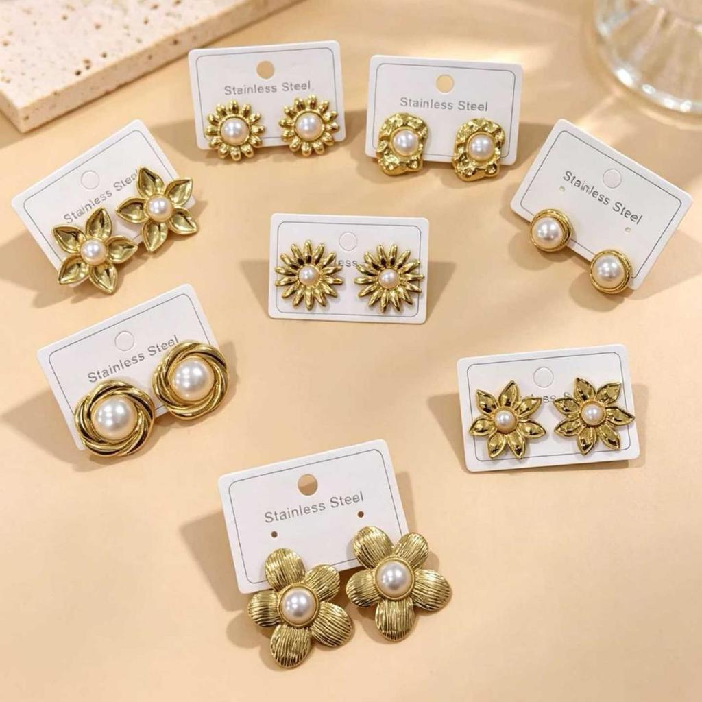 European Retro Pearl Irregular Geometric Stainless Steel Ear Studs
