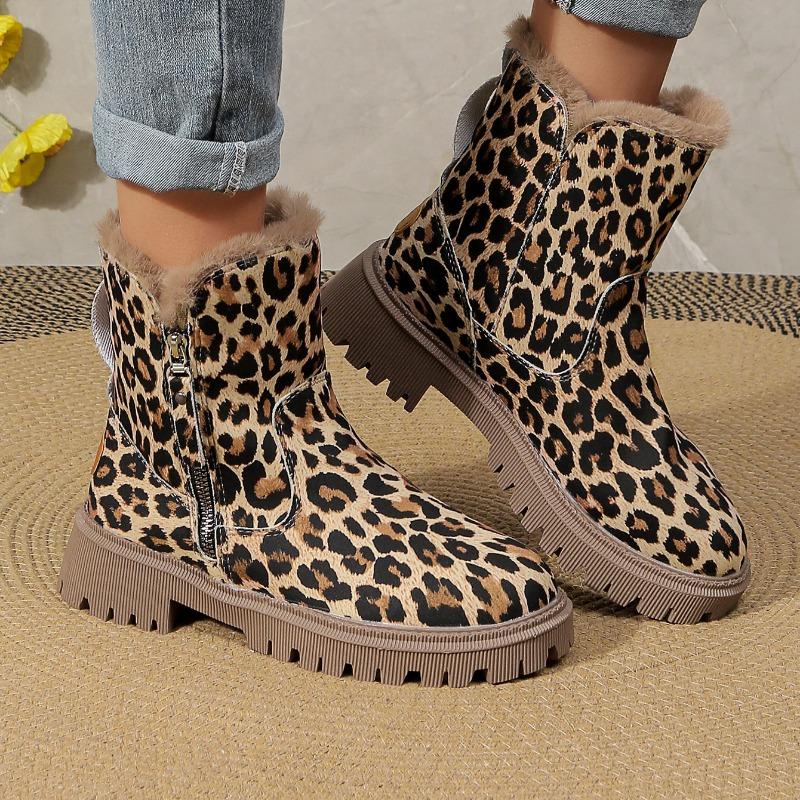 Shoes for Women Fashion Winter New Round Toe Women Boots Leopard Print Short Barrel Chunky Heels Zipper Plus Size Boots Women