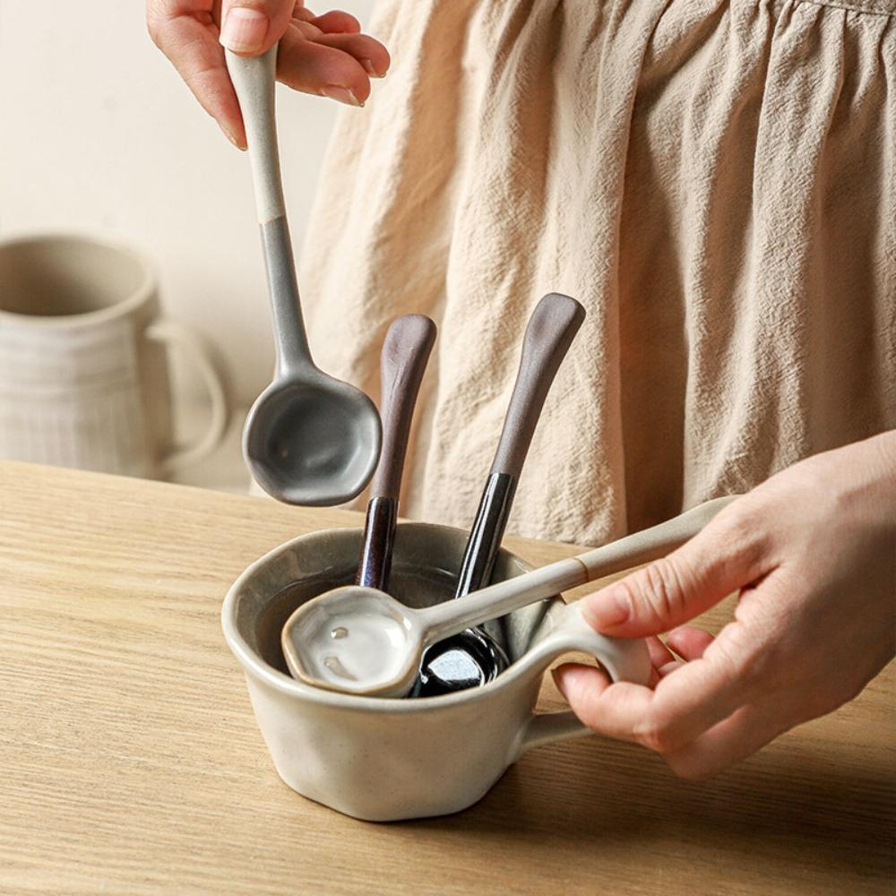 4PCS Handmade Japanese Rustic Pottery Spoon Under-glaze Painting Dessert Spoon Soup Spoon  Kitchen