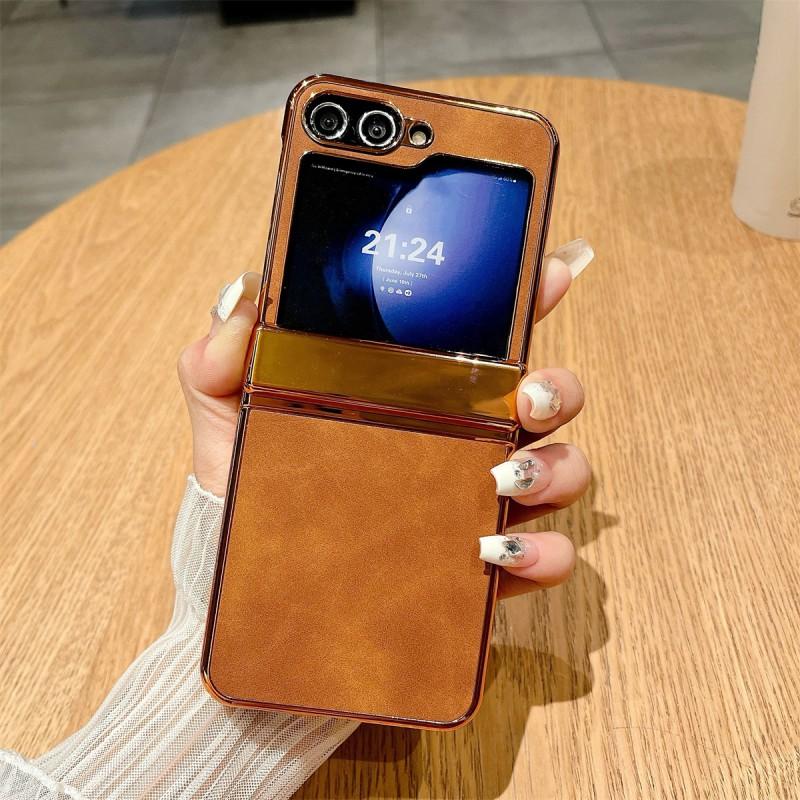 Z Flip 6/5 Phone Case Electroplated Vintage Leather Texture Hinge Cover Shockproof Protector