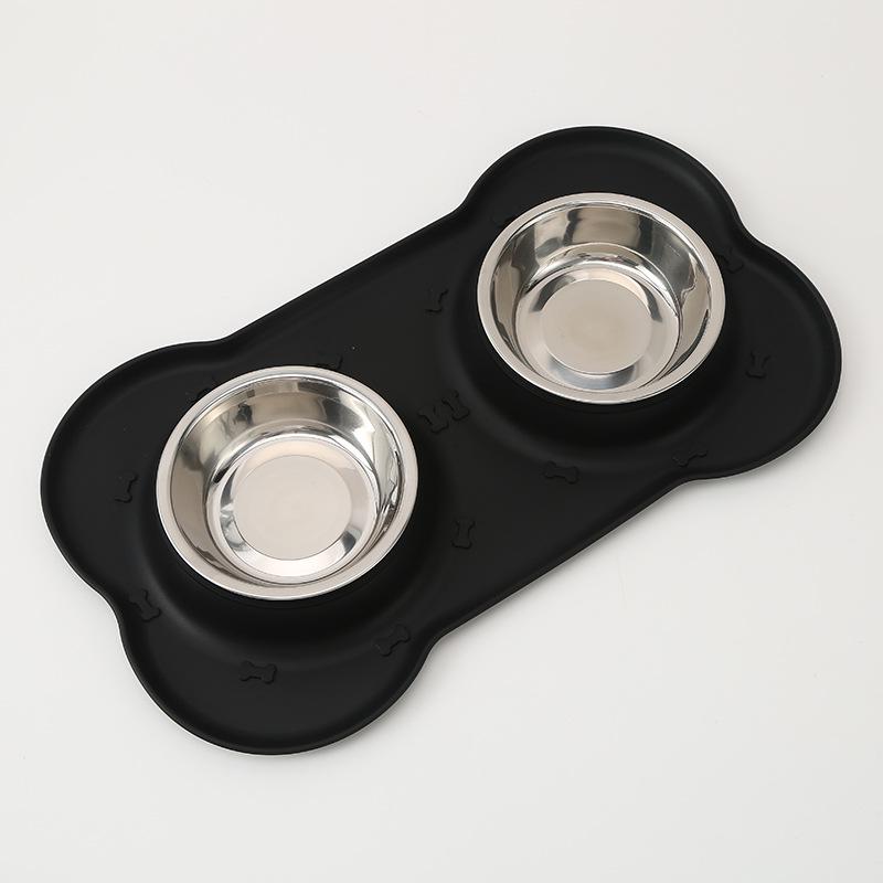 Bone-Shaped Non-Slip Silicone & Stainless Steel Dog Feeding Bowl - Food Grade, Anti-Spill Double Bowl for Pets