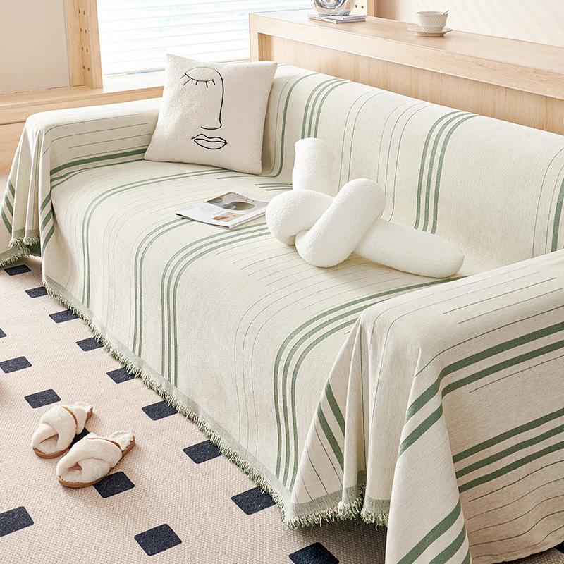 Europe Striped Sofa Towel Thick Cover Cloth Chenille Jacquard Universal Tassel Sofa Cover Anti Slip One Piece Backrest Towel