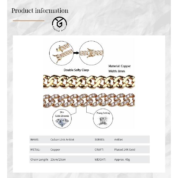 Cuban Link Anklet Woman Pink Bling Diamond 8mm Rose Gold Iced Out Chain Ankle Bracelet Hip Hop Miami Cubic Zircon Foot