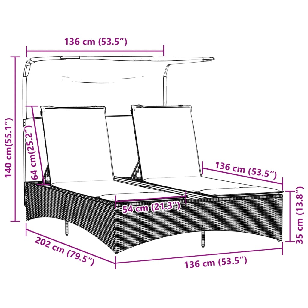Double Sun Lounger with Canopy and Cushions Beige Poly Rattan