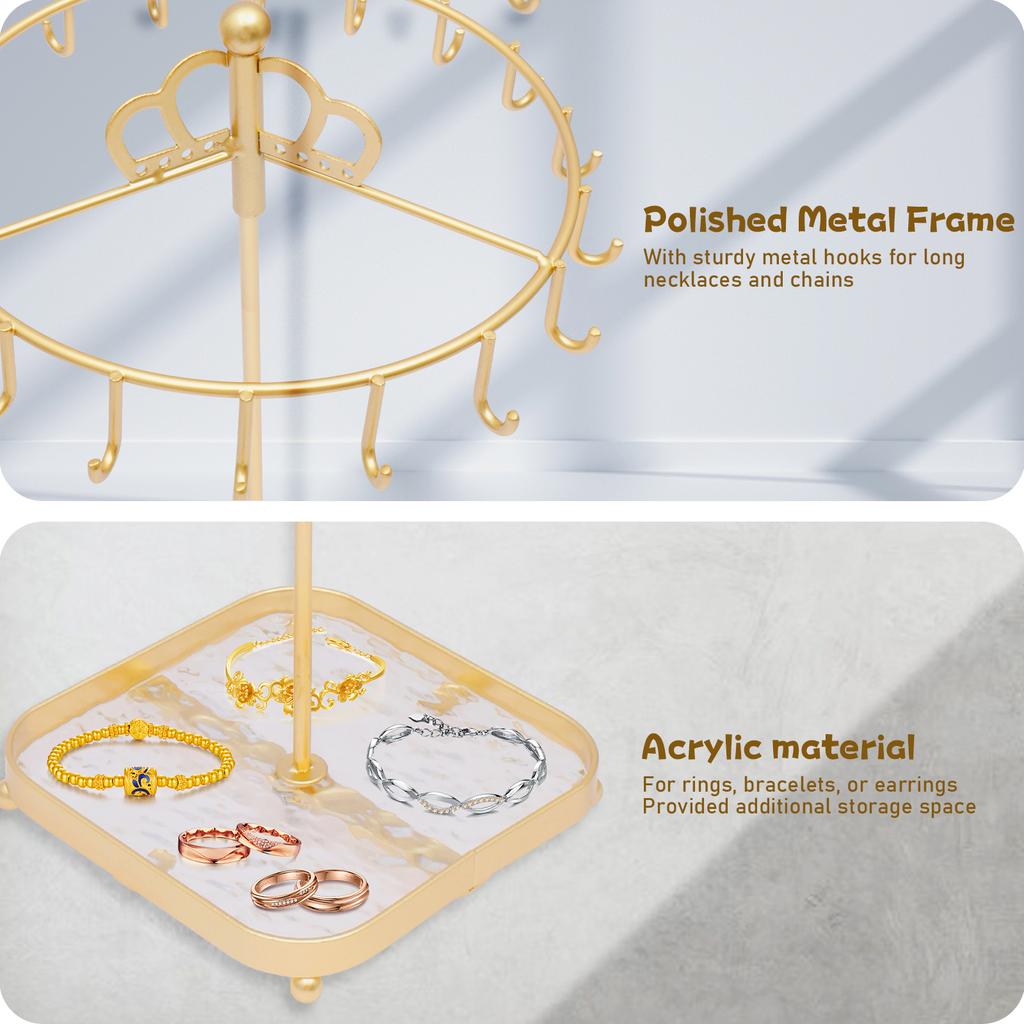 Rotating Necklace Holder Stand 360° Rotation Iron Necklace Organizer Stand with Acrylic Tray and 18 Hooks Jewelry Display Stand