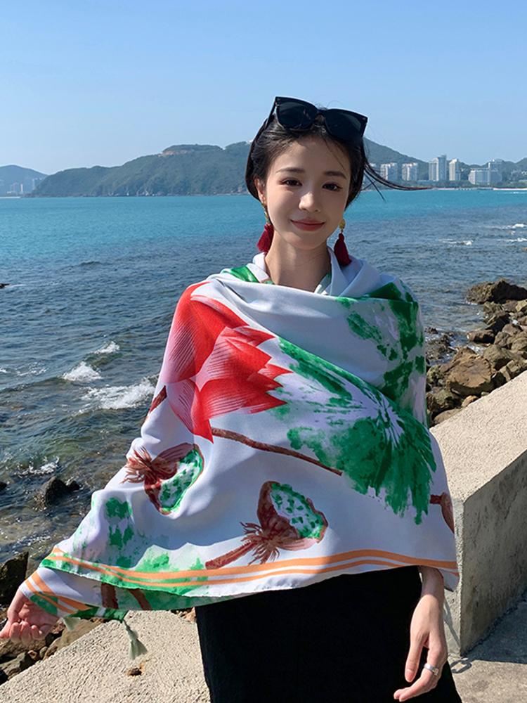 New Chinese Style Summer Women Silk Scarf Beach Wrap Shawl Floral Sunscreen Bandana Hijab Mujer Bohemian Musulman Scarve Pareo
