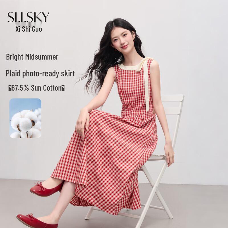 Sllsky Women s French Red Plaid Halter Midi Dress 2XL