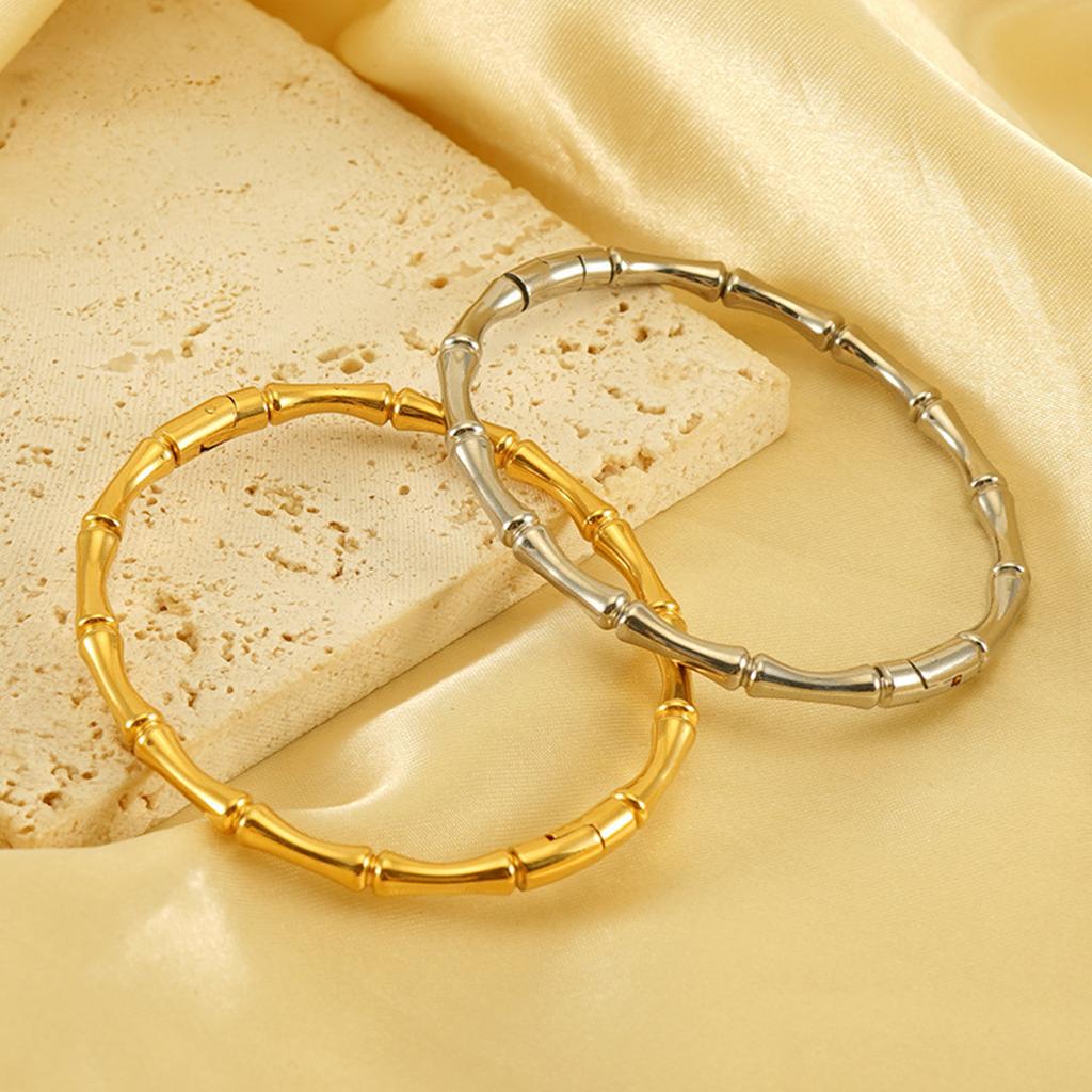 Gold Color Stainless Steel Bamboo Cuff Bracelets for Women Luxury Wedding Jewelry Female Bangles Gift
