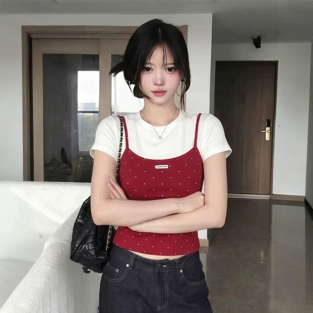 American retro red polka dot fake two-piece short-sleeved t-shirt for women's summer small man with waist and thin contrasting short top