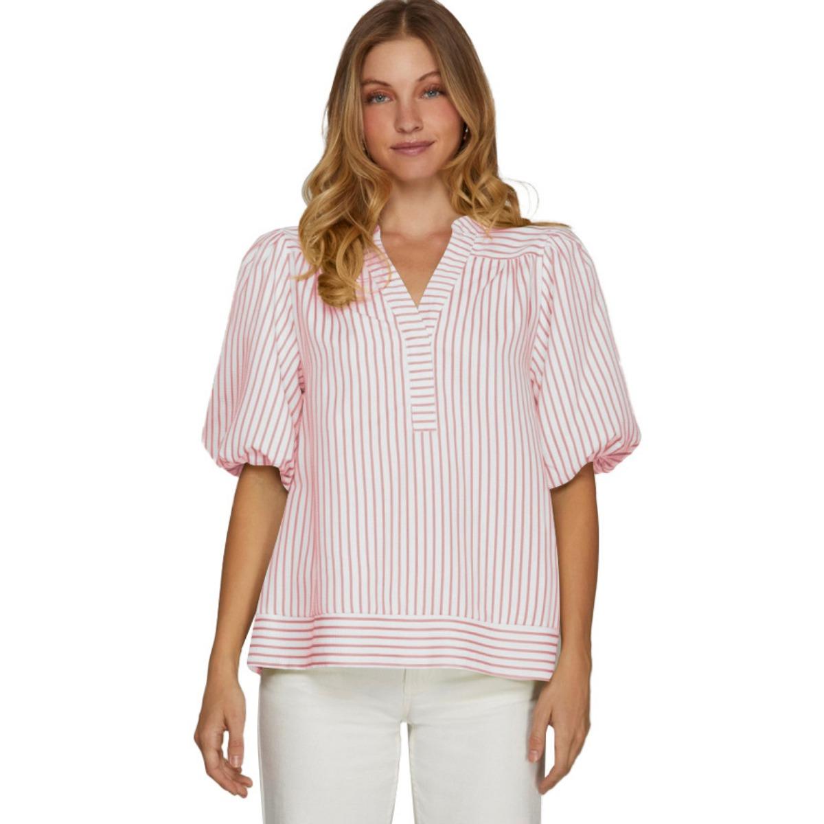 New Women s European Style V-Neck Patchwork Puff Sleeve Striped Shirt Blouse Top S