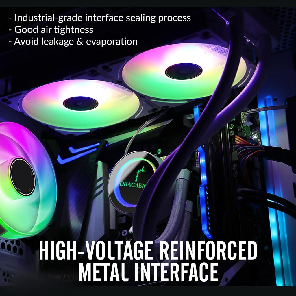 Dracaena AIO CPU Color Control 360m Quiet ARGB PWM Fan Under Compatible with AMD LGA High Flow Black Cooler, Remote, Radiator, 27DBA, AM5/AM4-Intel