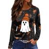 Women's Fashion Long Sleeve Top with Halloween Print and Side Slits, Round Neck