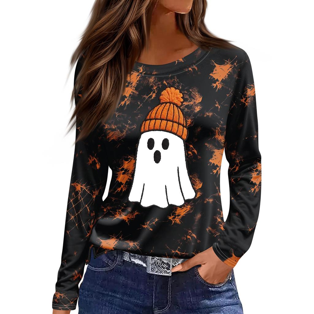 Women's Fashion Long Sleeve Top with Halloween Print and Side Slits, Round Neck