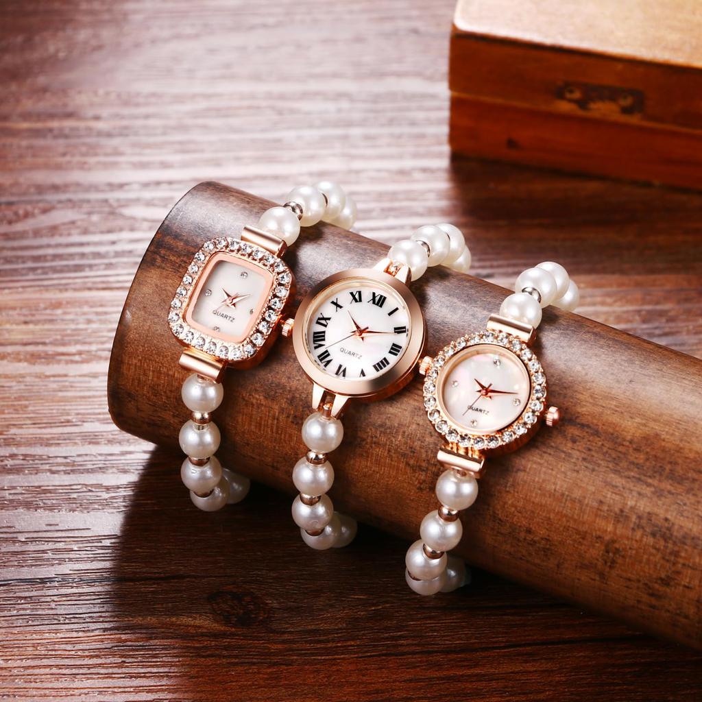 Round Small Pearl Roman Numeral New Year Wristwatch, Women's, Waterproof, Rainproof, Dial, Quartz, Dial, Bracelet, Dial, Adjustable, Simple, Present,