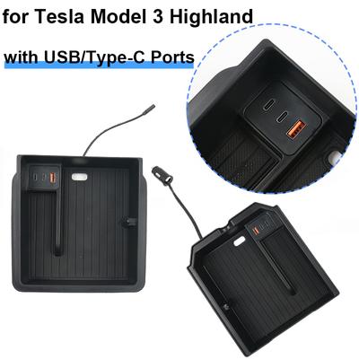 Pour Tesla Model 3 Highland Console centrale Organisateur de rangement Boîte Accoudoir Essayer avec les ports USB Type C Nouveaux accessoires Model3 2024