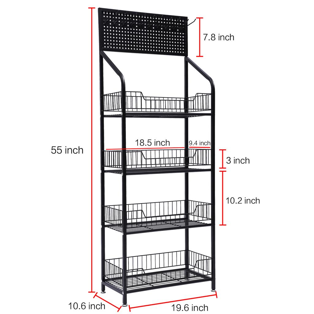Four-tier Rolling Retail Display Rack, Metal Wire Storage Basket Stand with Pegboard and Hooks, Suitable for Bedroom and Kitchen