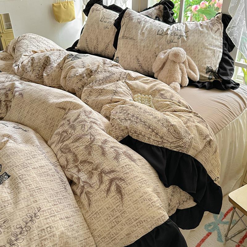 Small Fresh Pure Cotton Four-piece Set Lace Korean Version Princess Style Washed Cotton Bed Skirt Quilt Cover Cream Style Bedding