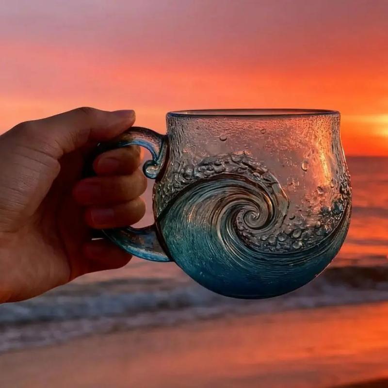 Ocean Themed Glass Coffee Mug With Sea Wave Design For Beach Bar Workplace Travel Use Unique Handmade Gift Idea