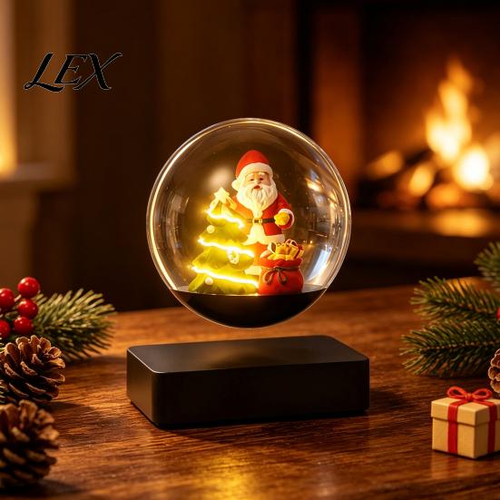 Holiday Gift for Home Office Magnetic Levitation Santa Claus Ornament, Floating Lighted Christmas Tree with Rotating Ornament Tabletop Base