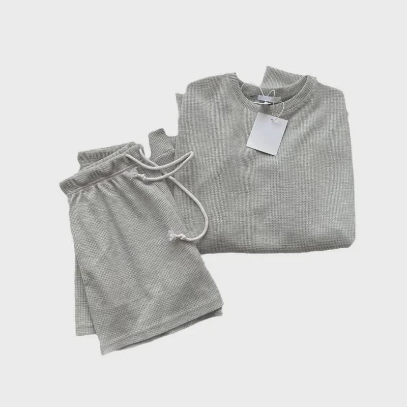 Women's Vintage Waffle Knit Long Sleeve Top & Shorts Set with Pockets