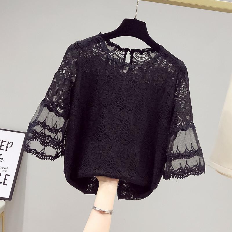 

Летняя блузка 2022, женская корейская кружевная белая женская рубашка с коротким рукавом, свободные рубашки, однотонный пуловер, женские топы 20603 XXL чёрный