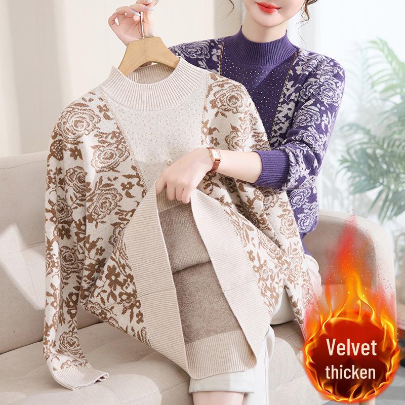 Elegant Knit Top for Middle-Aged & Elderly Women - Autumn/Winter Half-High Collar with Fleece Lining
