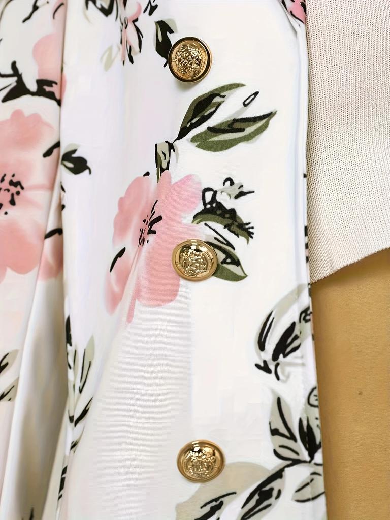 Elegantes zweiteiliges Set, modisches zweireihiges Revers-Sakko und hoch taillierter geblümter Minirock, neues Damenanzug-Set