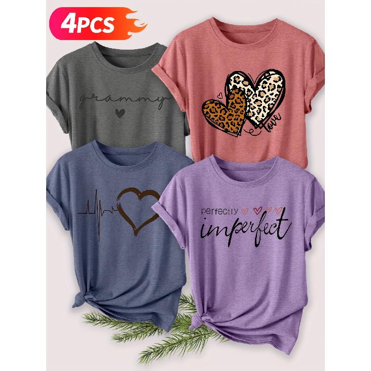 Four-piece set of elegant short-sleeved tops for women Leopard print heartbeat line print fashion retro style women s spring, summer, autumn, winter S