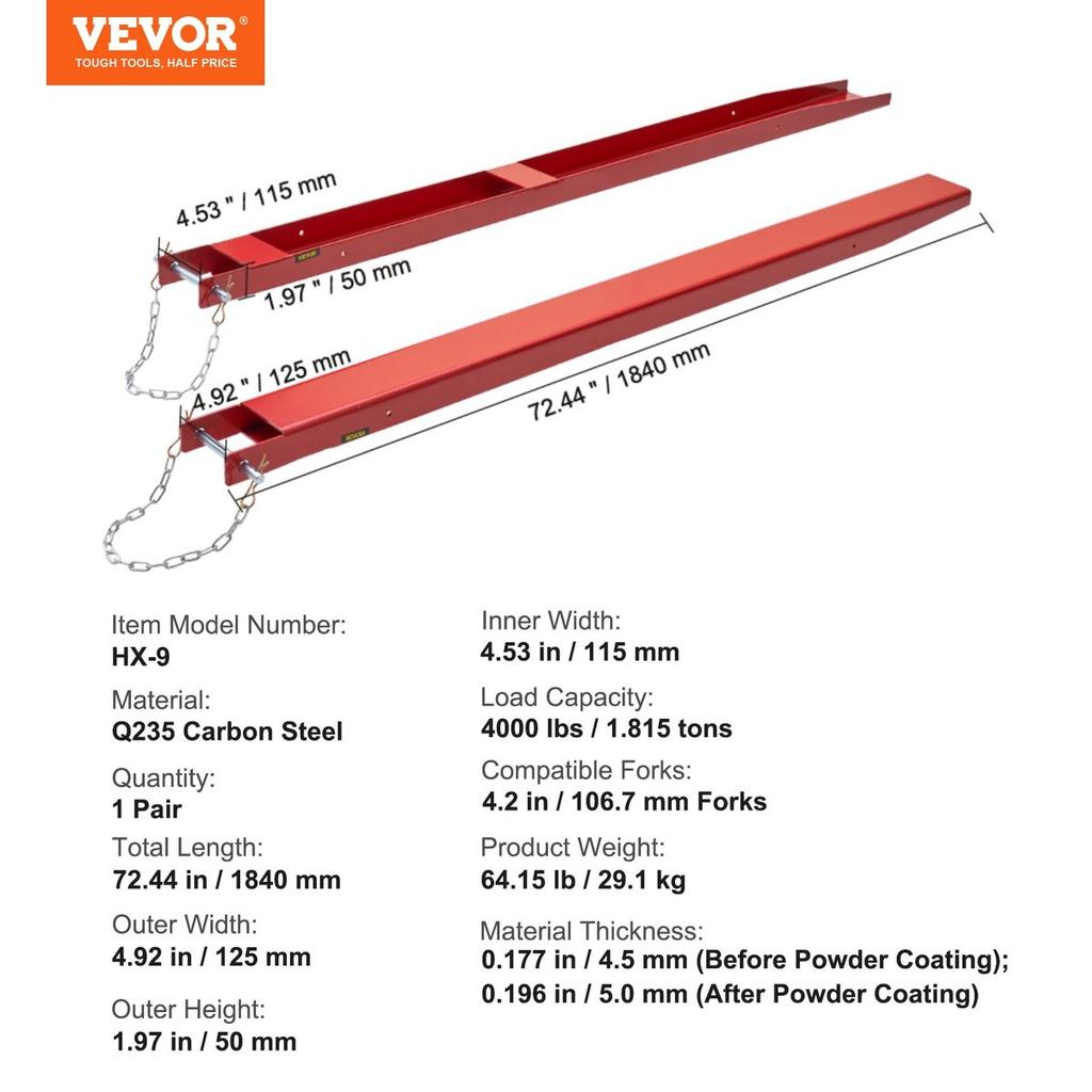 Pallet Fork Extensions, 72" Length 4.5" Width, Heavy Duty Carbon Steel Fork Extensions for Forklifts, 1 Pair Forklift Extensions with Pins, Forklift