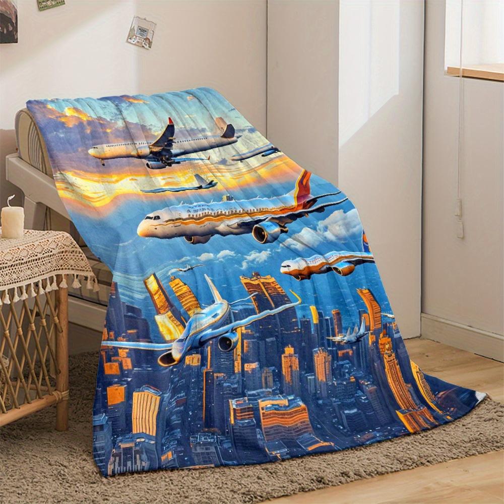 Aircraft Sunset City Print Flannel Blanket Lightweight for Sofa Camping Travel, Nice Gift for Family Friends