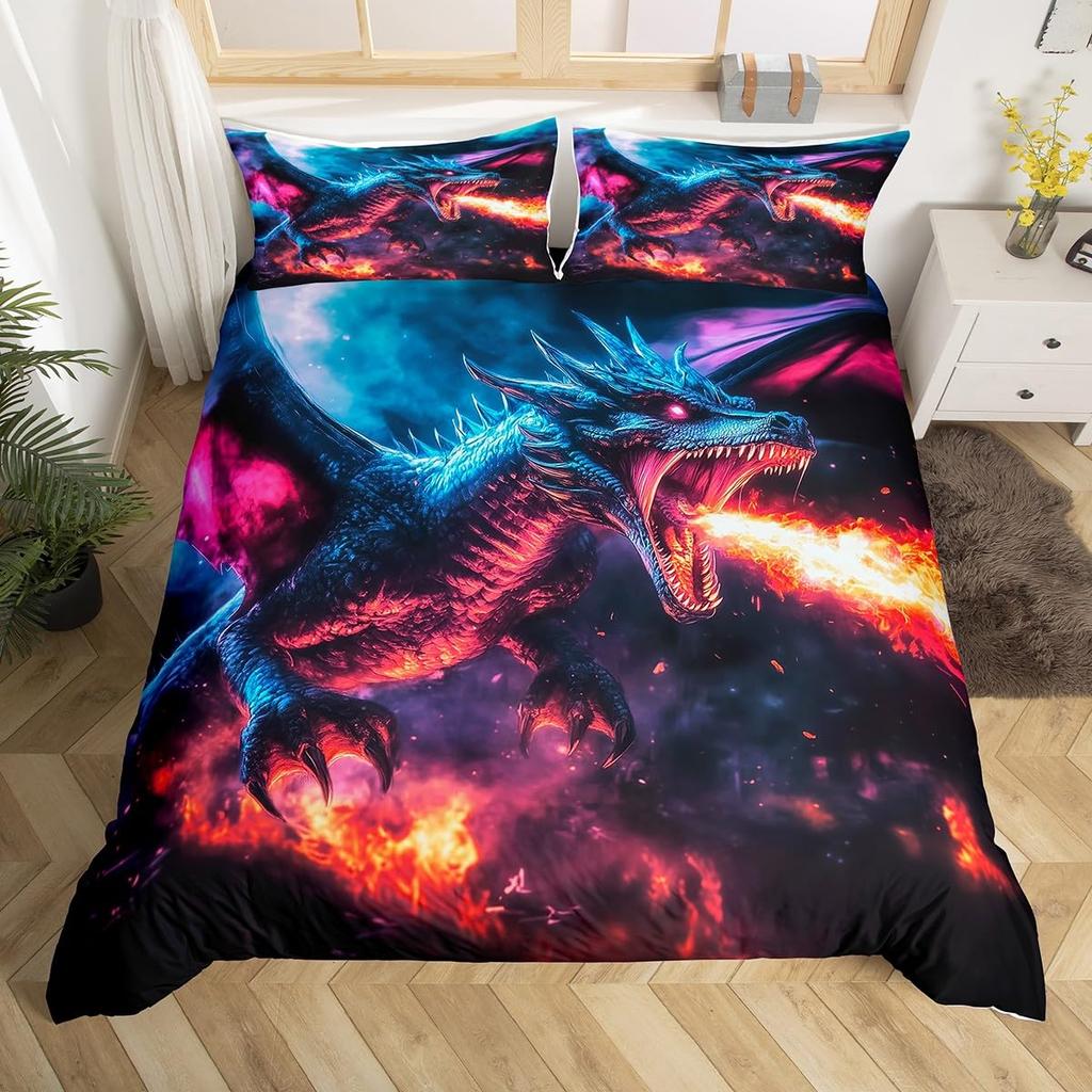 Fire Dragon Duvet Covers For Kids Teens Queen King Size Lightweight Quilt Covers Mythical Animals Pattern Bedding Set Room Decor
