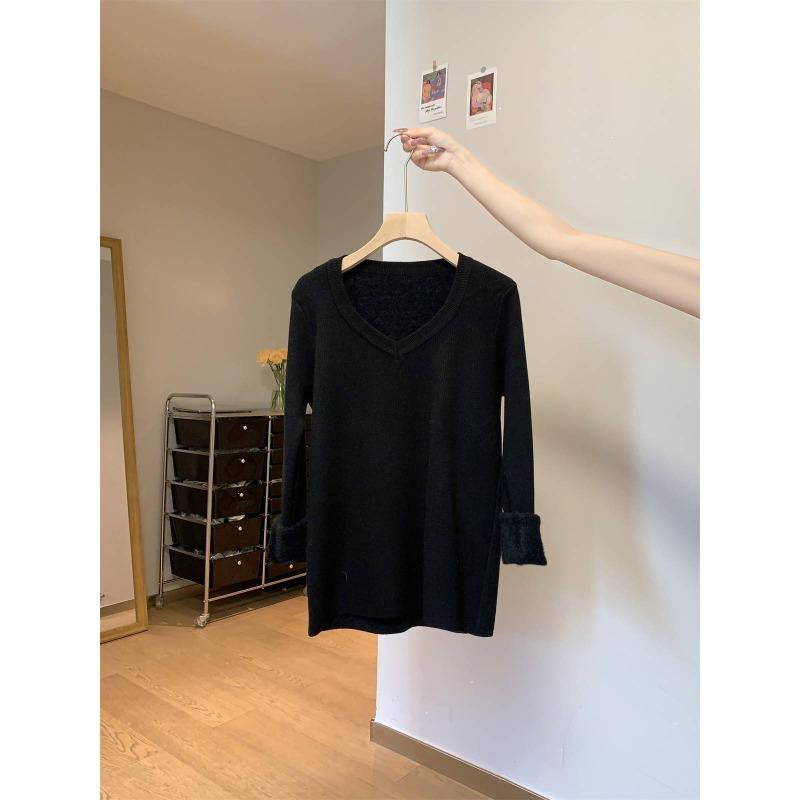 Neck thickened sweater women's autumn and winter basic warm integrated fleece slim bottoming shirt with knitted top inside