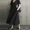 Creative Style 2026 Summer Literary National Retro Women's Cotton Linen V-Neck Loose Swing Dress