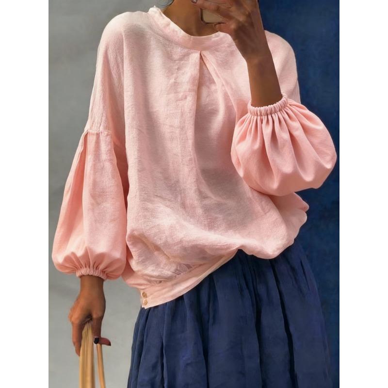 Spring Autumn Round Neck Vintage Solid Shirt Women Long Sleeve Loose Casual All-match Blouse Pullover Top