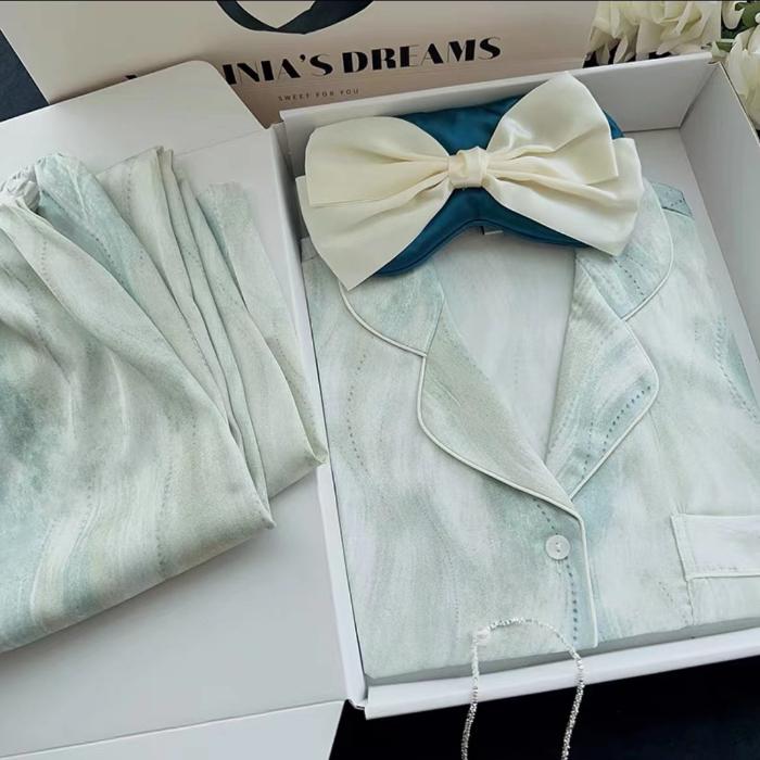 Autumn Ice Silk Luxury Women's Pajamas Lapel Cardigan Home Clothes for Women Cute Rabbit Printing Princess Home Wear